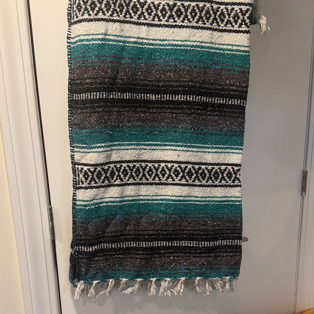 Teal Black White Woven Fringe Blanket